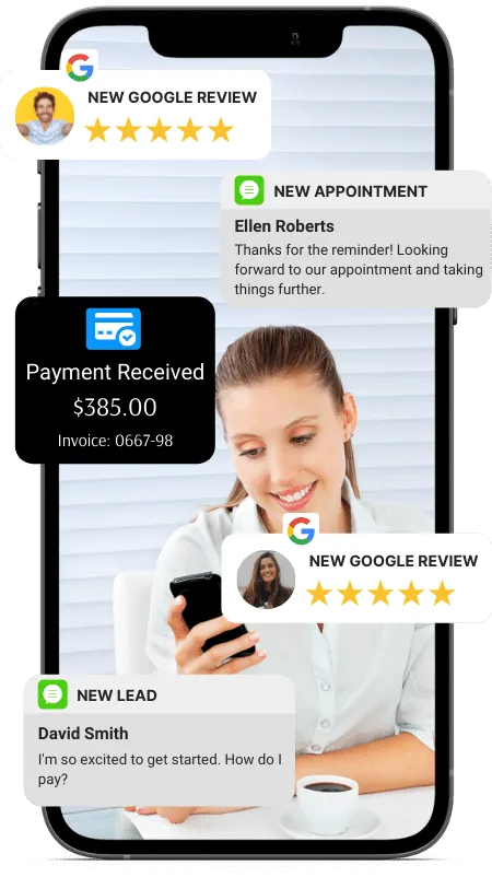 The Modern app showing new reviews, appointments, payments and leads